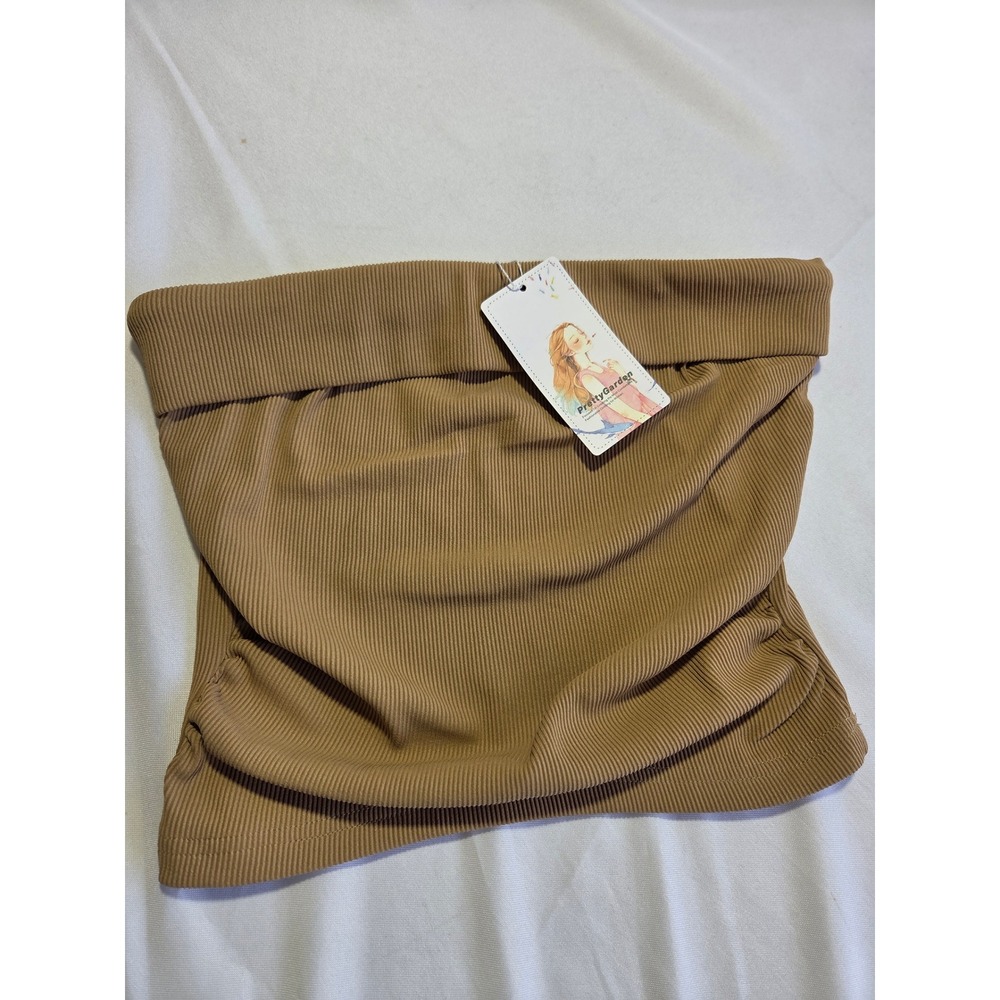 PrettyGarden Ribbed Tube Top Camel Brown Strapless Fold Over Crop Top Small NWT